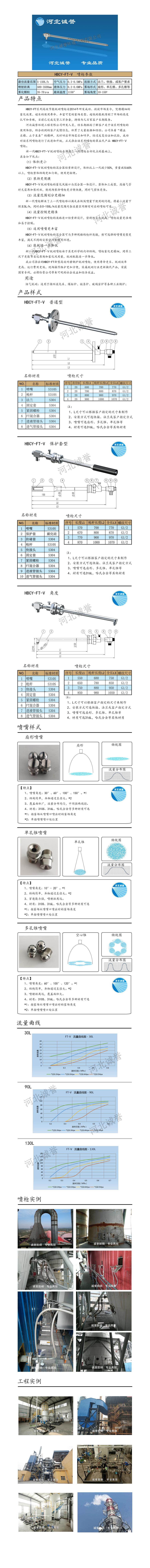 FT-V脫硝噴槍、保護(hù)套、噴槍參數(shù)、材質(zhì)尺寸、流量分布圖、扇形空心錐俯視圖介紹，以及噴槍霧化視頻展示和工程案例介紹